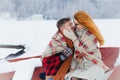 Couple Lovers Sensitive Stroking Cheek Sitting Boat Snowfall Winter Christmas Wrapped Plaid.