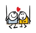 Couple of lovers are sitting on a swing and talking about feelings. Vector illustration of man and woman enjoying
