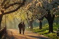 A couple, lovers, take a leisurely walk down a park path, basking in the birdsong