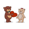 Couple lovers of teddy bears with heart in hands. Bear gives a red heart female bears. Bear sheepishly from the proposal