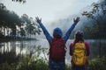 Couple lovers travel Beatiful nature at Pang ung lake and pine forest at Mae Hong Son in Thailand Royalty Free Stock Photo