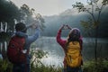 Couple lovers travel Beatiful nature at Pang ung lake and pine forest at Mae Hong Son in Thailand Royalty Free Stock Photo