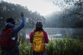 Couple lovers travel Beatiful nature at Pang ung lake and pine forest at Mae Hong Son in Thailand Royalty Free Stock Photo