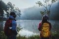 Couple lovers travel Beatiful nature at Pang ung lake and pine forest at Mae Hong Son in Thailand Royalty Free Stock Photo