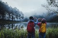 Couple lovers travel Beatiful nature at Pang ung lake and pine forest at Mae Hong Son in Thailand Royalty Free Stock Photo