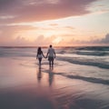 Couple of lovers walking inside water on tropical beach in summer vacation at sunset-Love, travel and landscape concept Royalty Free Stock Photo