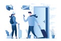 Couple with luggage leaves apartment. Man looks in smartphone. Travelers talking, planning, technology online check-in. People