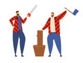 Couple of Lumberjack Male Characters in Plaid Shirt Standing in Different Poses Holding Axe and Saw in Hands