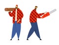 Couple of Lumberjack Male Characters in Plaid Shirts Holding Chainsaw and Wooden Log in Hands. Lumber Workers