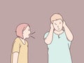 Couple Mad angry debate cranky quarreling woman screaming man covering ears simple korean style illustration