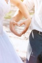 Couple making heart with hands, wedding photo