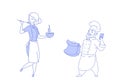 Couple male female chef cooks tasting soup teamwork woman man restaurant uniform food cooking together concept sketch