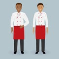 Couple of male and female chefs standing together in uniform. Cooking food characters. Restaurant team concept. Royalty Free Stock Photo