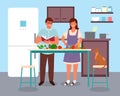Couple man and woman characters preparing food together at home in kitchen room interior flat style Royalty Free Stock Photo