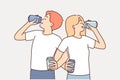 Couple of man and woman cross their arms drinking soda competing in speed of using soft drink