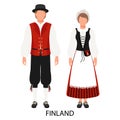 A couple of a man and a woman in Finnish folk costumes. Culture and traditions of Finland and Scandinavia.