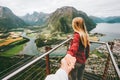 Couple Man and Woman follow holding hands in Norway mountains