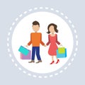 Couple man woman hold colorful packages paper bags shopping icon concept flat