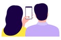 Couple man and woman holding smartphone, back view. Girl taking photo, selfie. Pair photo girl and guy on phone. Vector