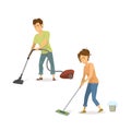 Couple, man and woman at housework, cleaning home