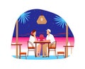 Couple man woman at love date, restaurant dinner at sunset, vector illustration. Romantic summer outdoor meeting, dating