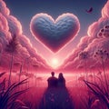 couple man and woman in love looking at the heart shape cloud. valentines, love and romantic design