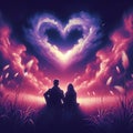 couple man and woman in love looking at the heart shape cloud. valentines, love and romantic purple design