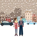 Couple man woman male female standing in snow falling winter town wearing jacket car on street city Royalty Free Stock Photo