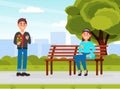 Couple of man and woman meeting in city park. First romantic date in public place cartoon vector Royalty Free Stock Photo