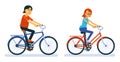 Couple of Man and woman ride on bicycle. Boy and girl cyclist.