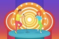 Couple, man and woman singers singing karaoke songs standing on circle modern stage vector illustration.