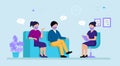 Couple Of Man And Woman Sitting On Sofa And Having Consultation With Female Psychologist Or Psychotherapist. Concept Royalty Free Stock Photo