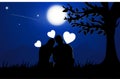 A couple man and woman sitting under tree with Moon on sky at night time design Royalty Free Stock Photo