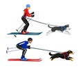 Couple, Man and Woman ski with their dogs vector illustration