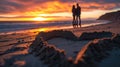 A couple of a man and woman standing on the beach at sunset, AI Royalty Free Stock Photo