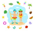 couple man and woman in swimsuits eating ice cream drinking cocktails on vacation