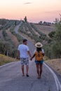 couple man and woman on vacation in Toscane Italy, man and woman mid age visiting Toscany region on the golden hills Royalty Free Stock Photo