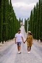 couple man and woman on vacation in Toscane Italy, man and woman mid age visiting Toscany region on the golden hills Royalty Free Stock Photo
