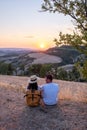 couple man and woman on vacation in Toscane Italy, man and woman mid age visiting Toscany region on the golden hills Royalty Free Stock Photo