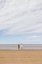 a couple of a man and a woman are walking on the beach or running along the sand along the seashore. beautiful and young Royalty Free Stock Photo