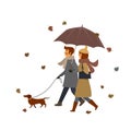 Man and woman walking with the dog, fall autumn vector illustration scene Royalty Free Stock Photo