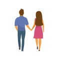 Couple, man and woman walking together holding hands backside view