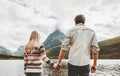Couple man and woman walking together holding hands Royalty Free Stock Photo