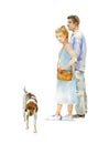 Couple of man and woman walking and woman saw stray dog . Adoption watercolor illustration isolated on white background Royalty Free Stock Photo