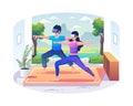 Couple man and woman wearing VR glasses doing exercises and yoga in nature simulation at home Royalty Free Stock Photo