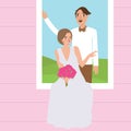 Couple man woman wedding dress portrait in window standing holding flower wearing vector drawing Royalty Free Stock Photo