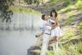 Couple man and woman in wedding style in nature