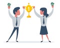 Couple of man and woman winners holding golden Cup. Happy successful people win award. Concept of goal achievement Royalty Free Stock Photo
