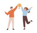 Couple of man and woman winners holding golden goblet. Happy successful people win award. Concept of goal achievement Royalty Free Stock Photo