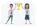 Couple of man and woman winners holding golden goblet. Happy successful people win award. Concept of goal achievement Royalty Free Stock Photo